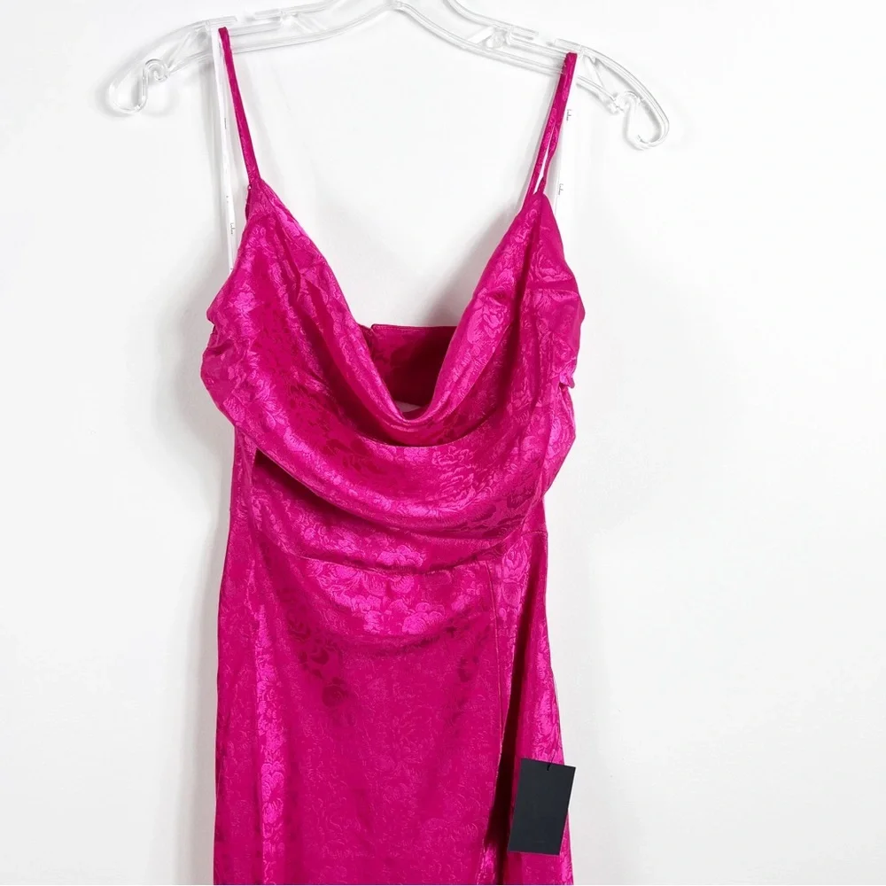 Lulus Stunning Radiance Hot Pink Satin Jacquard Cowl Midi Dress Size Medium NWT - Picture 4 of 8